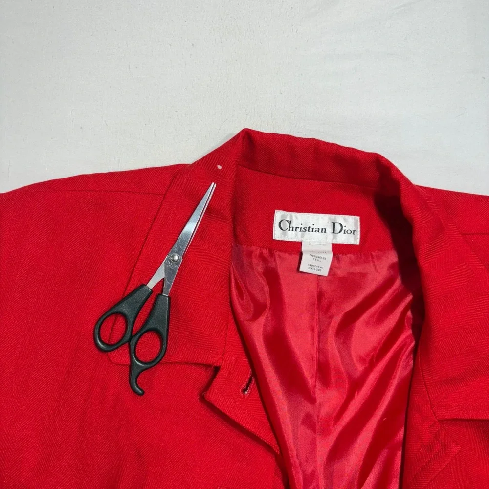 Christian Dior Blazer Womens Red Worsted Wool Herringbone Vintage Button Up USA